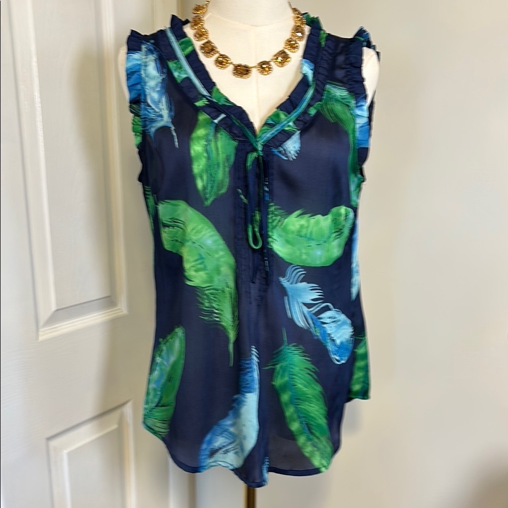 Navy Blue and Green Feather Print Women's Top